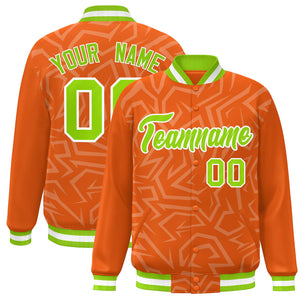 Custom Orange Neon Green-White Stripe Graffiti Pattern Varsity Full-Snap Jacket