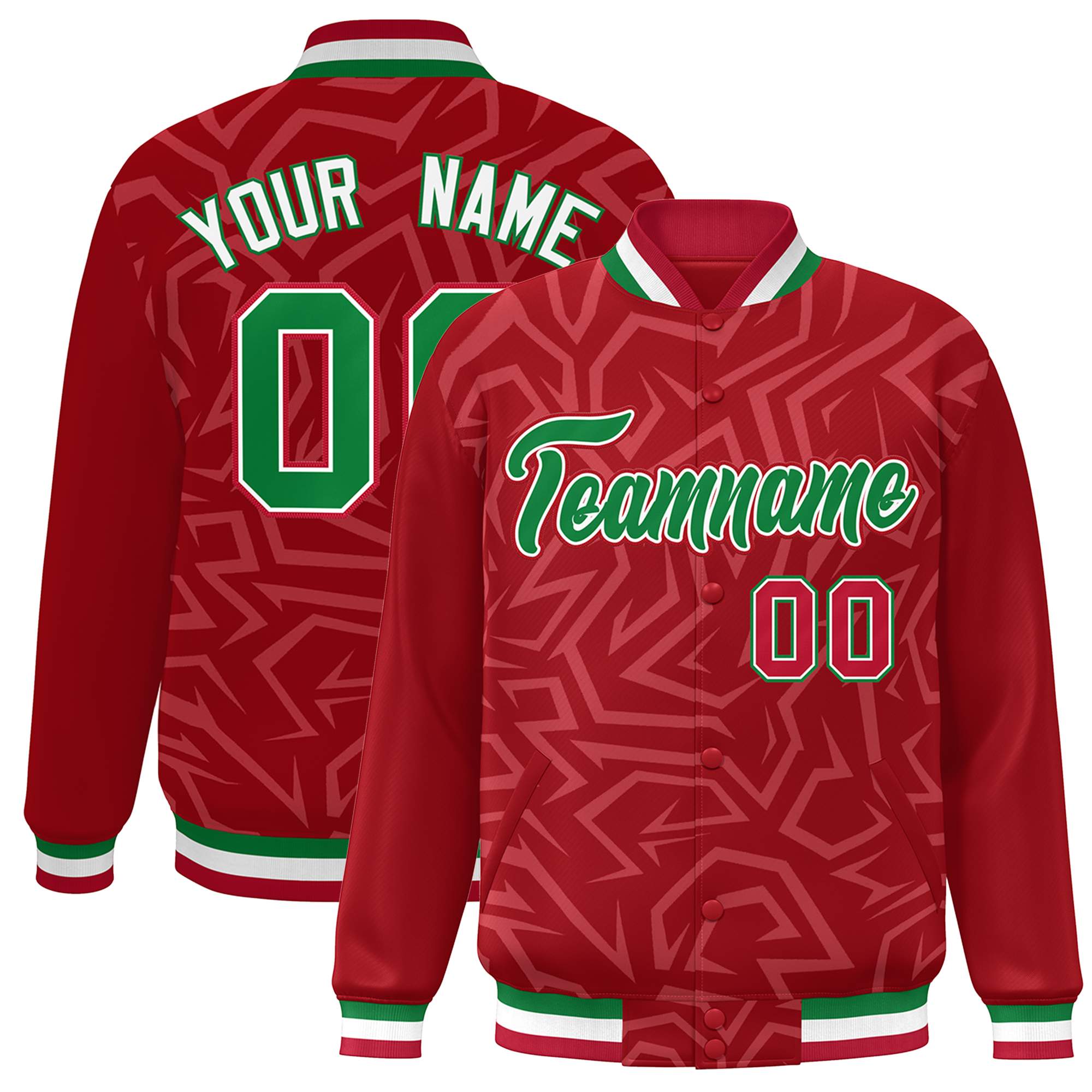 Custom Red Kelly Green-White Stripe Graffiti Pattern Varsity Full-Snap Jacket