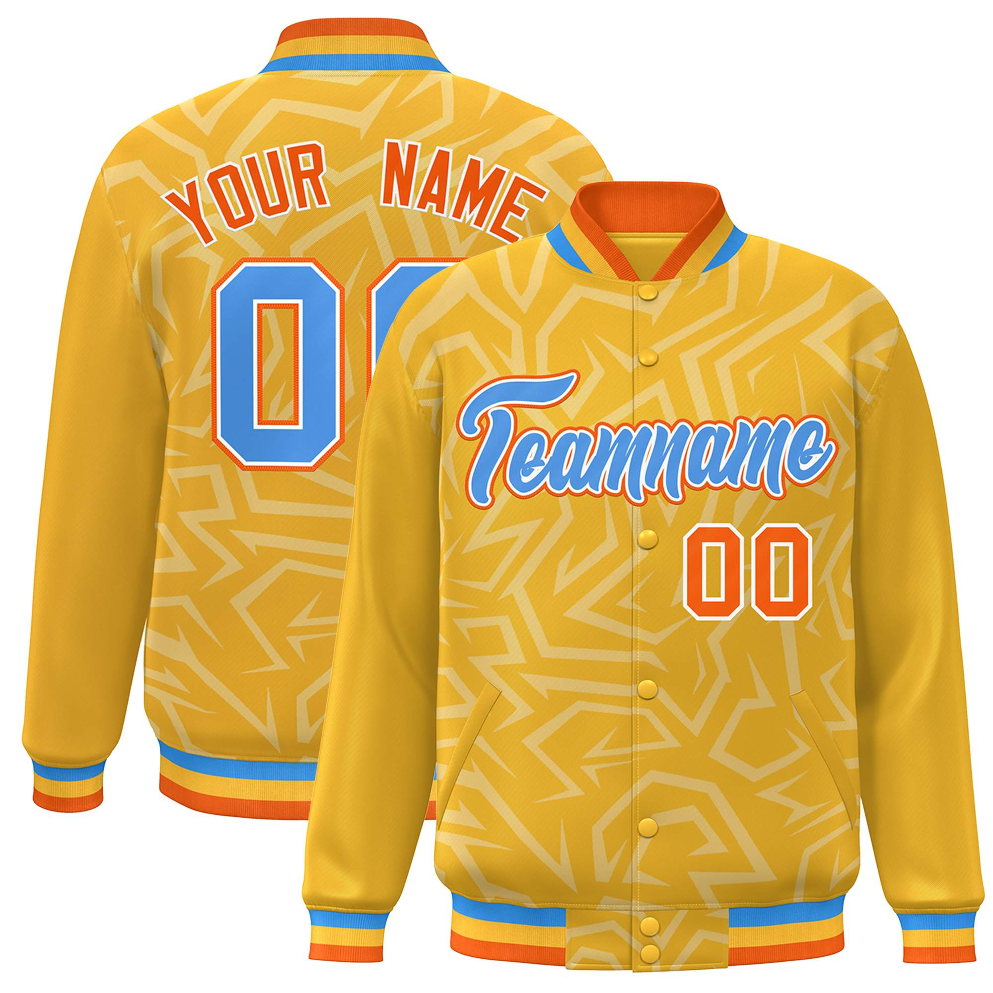 Custom Gold Powder Blue-Orange Stripe Graffiti Pattern Varsity Full-Snap Jacket