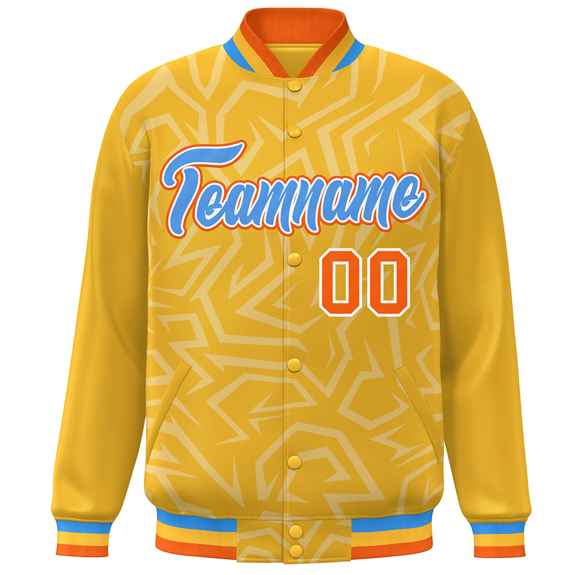 Custom Gold Powder Blue-Orange Stripe Graffiti Pattern Varsity Full-Snap Jacket