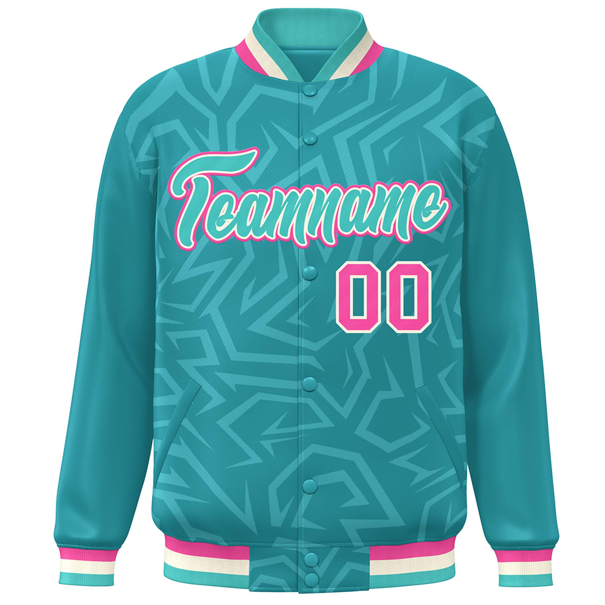 Custom Aqua Cream-Pink Stripe Graffiti Pattern Varsity Full-Snap Jacket