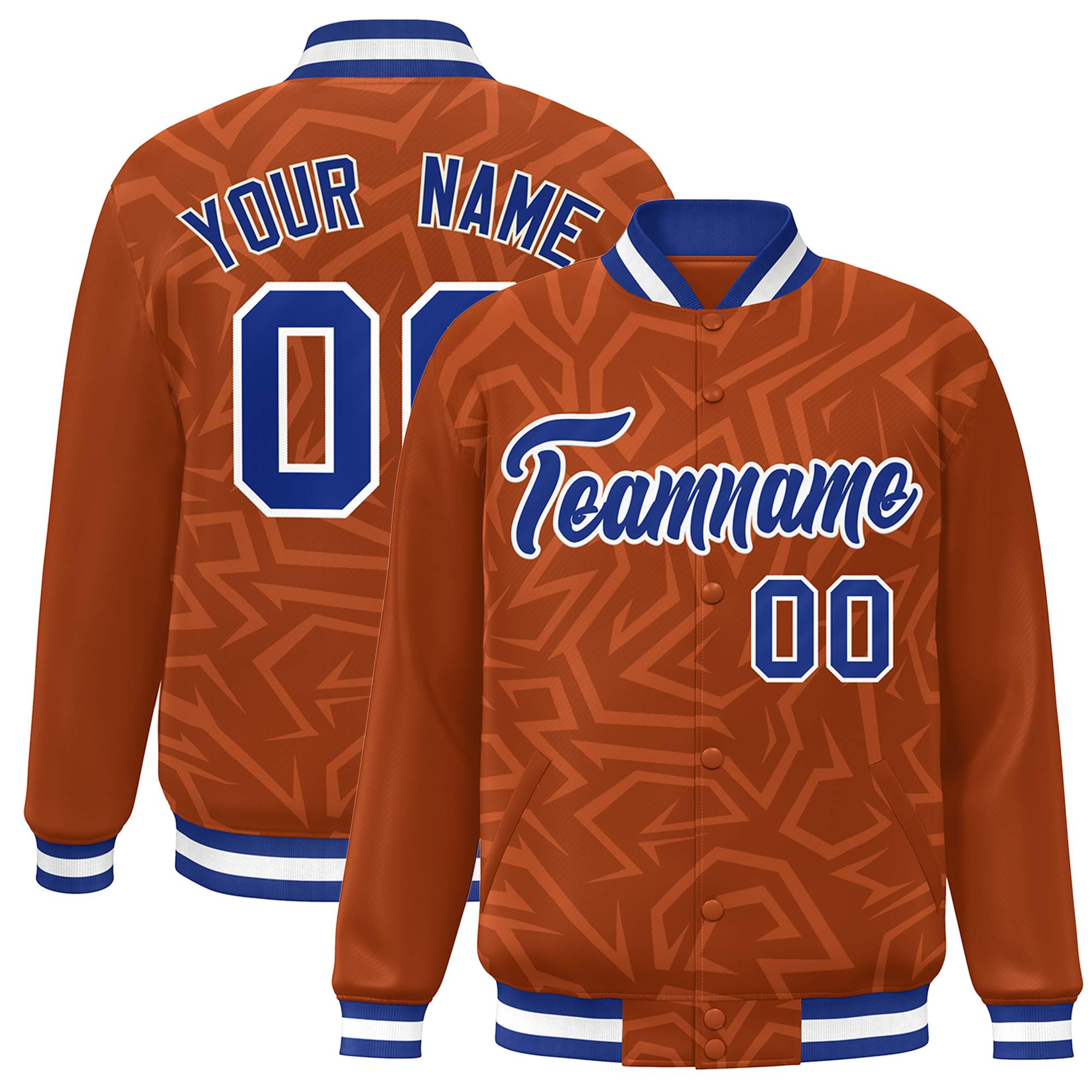 Custom Orange Royal-White Stripe Graffiti Pattern Varsity Full-Snap Jacket