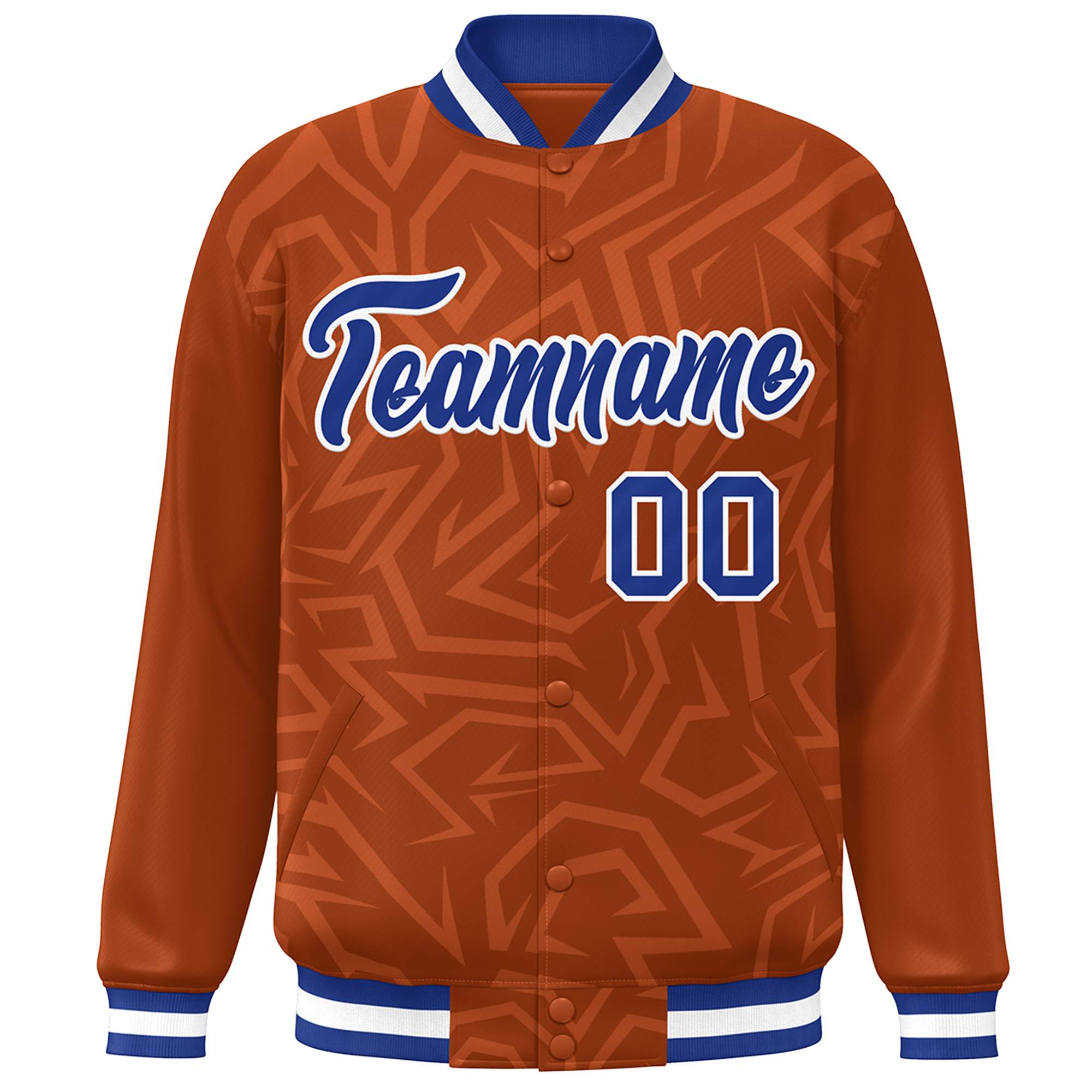 Custom Orange Royal-White Stripe Graffiti Pattern Varsity Full-Snap Jacket