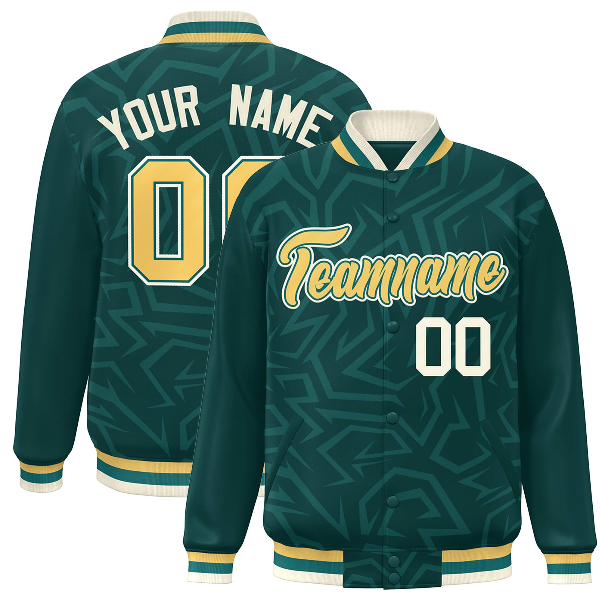 Custom Midnight Green Gold-Cream Stripe Graffiti Pattern Varsity Full-Snap Jacket