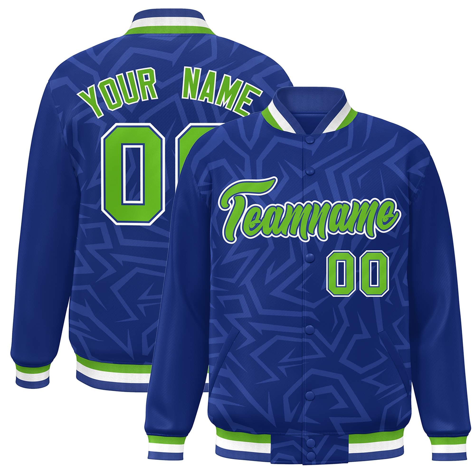 Custom Royal Green-White Stripe Graffiti Pattern Varsity Full-Snap Jacket