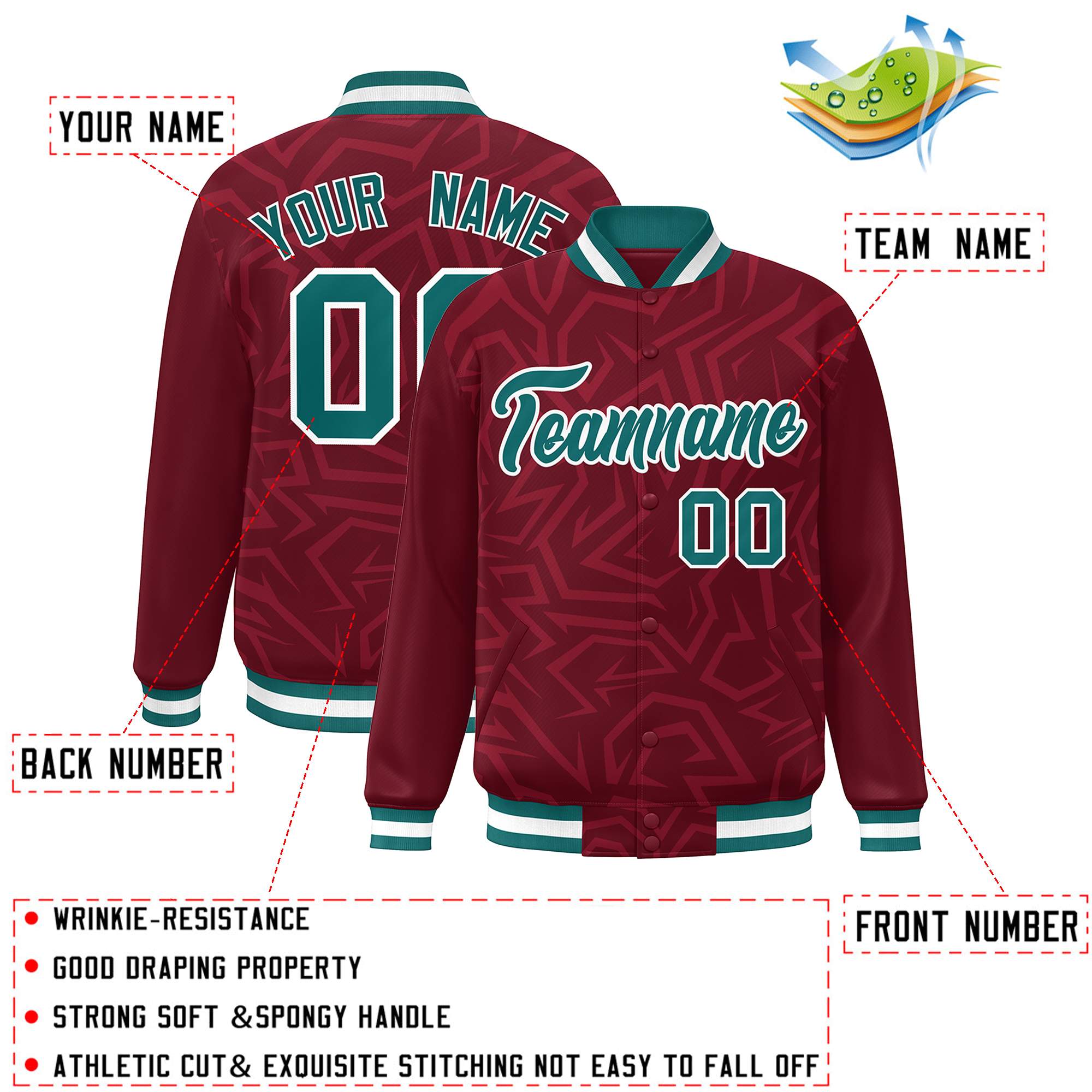 Custom Crimson Aqua-White Stripe Graffiti Pattern Varsity Full-Snap Jacket