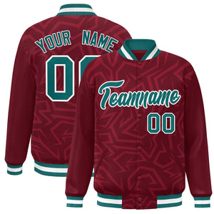 Custom Crimson Aqua-White Stripe Graffiti Pattern Varsity Full-Snap Jacket