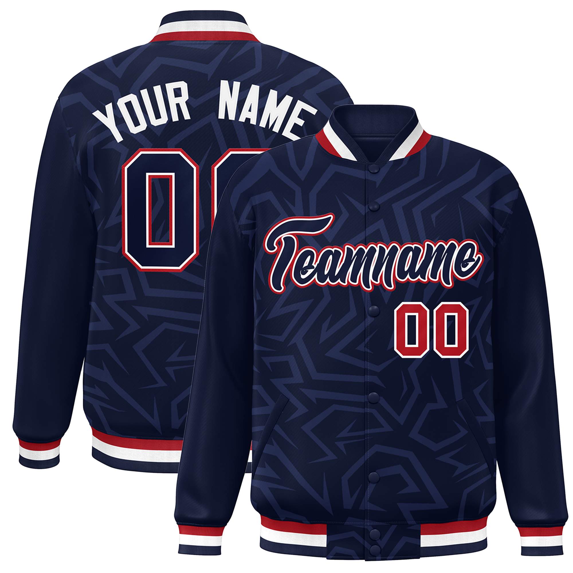 Custom Navy White-Red Stripe Graffiti Pattern Varsity Full-Snap Jacket