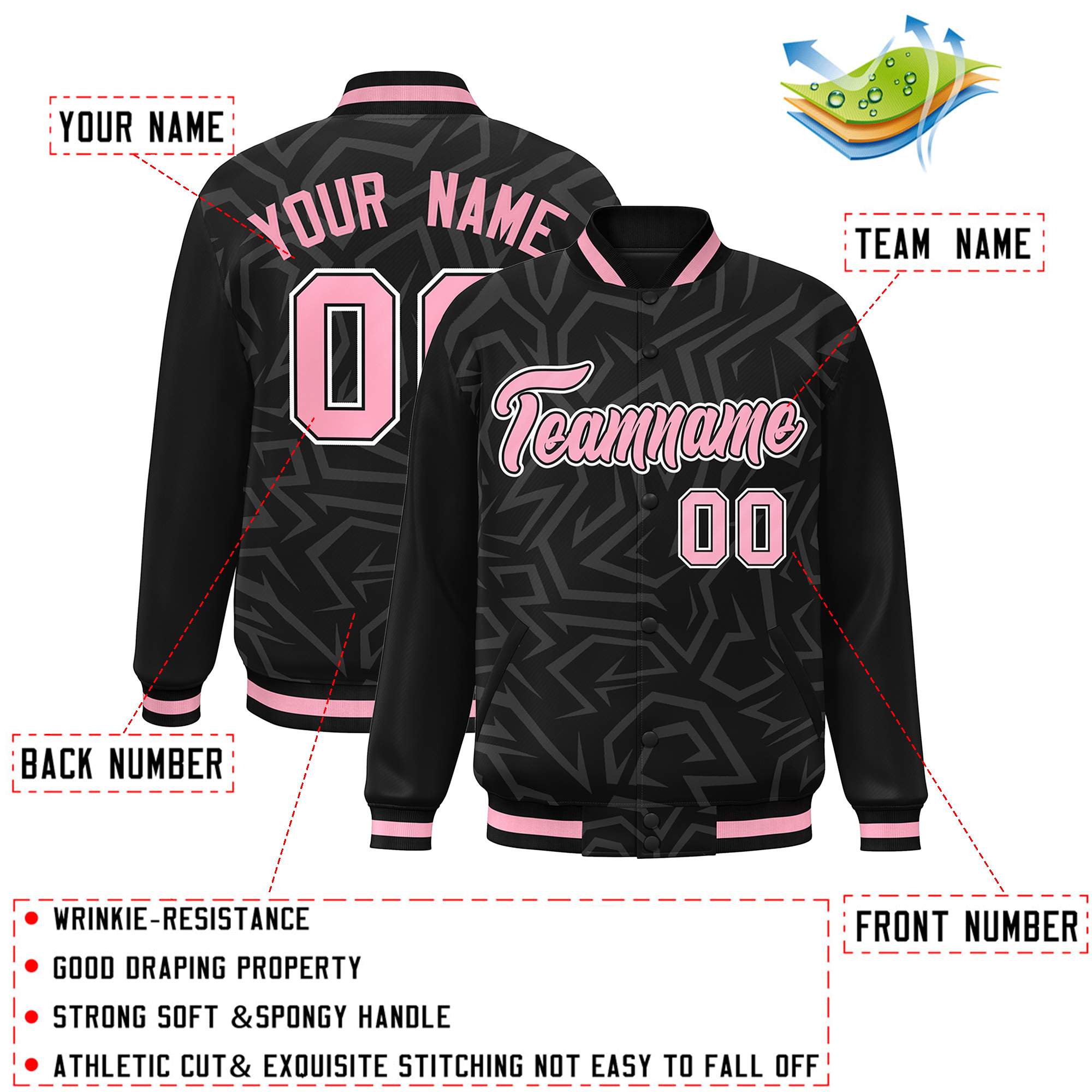 Custom Black Pink-White Stripe Graffiti Pattern Varsity Full-Snap Jacket