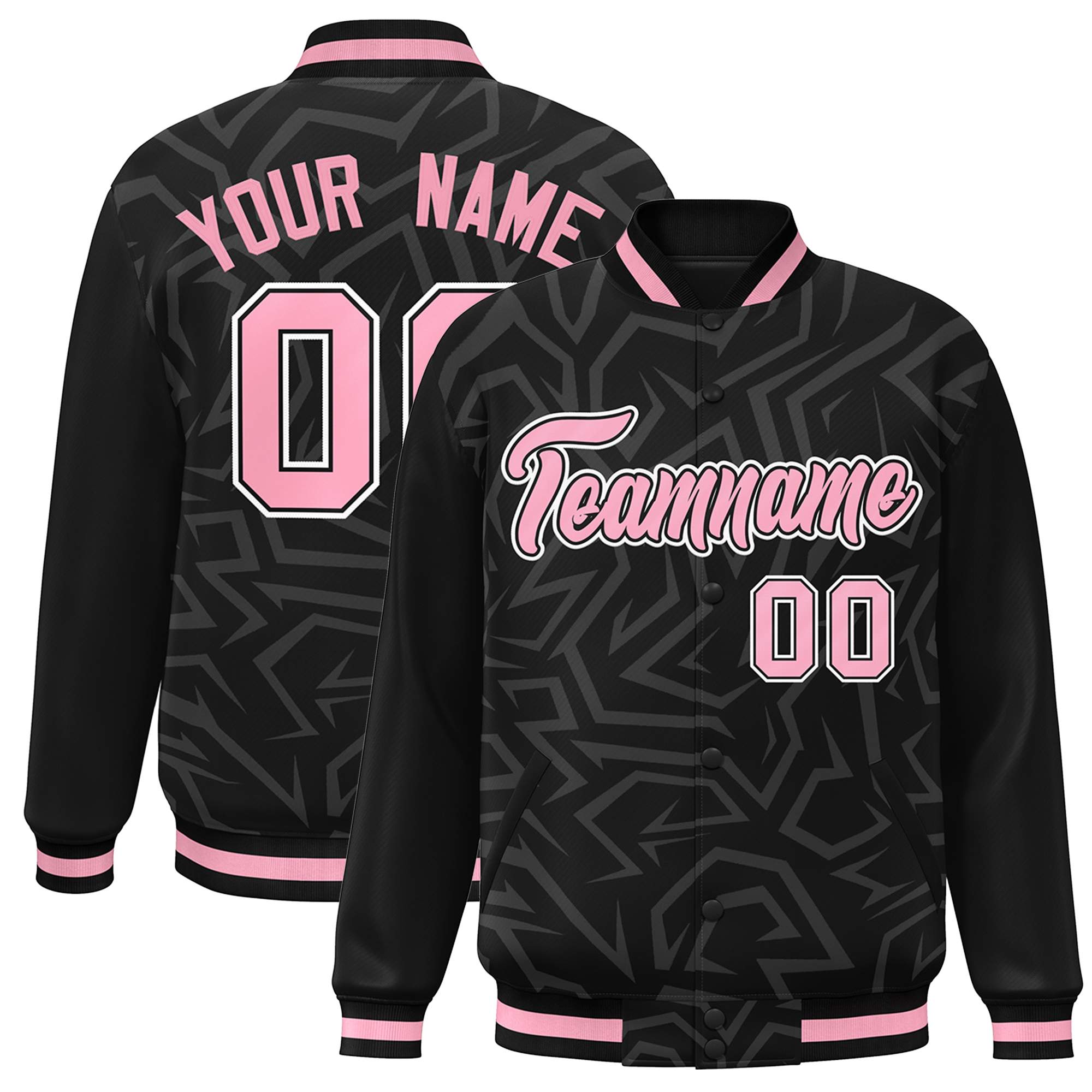 Custom Black Pink-White Stripe Graffiti Pattern Varsity Full-Snap Jacket