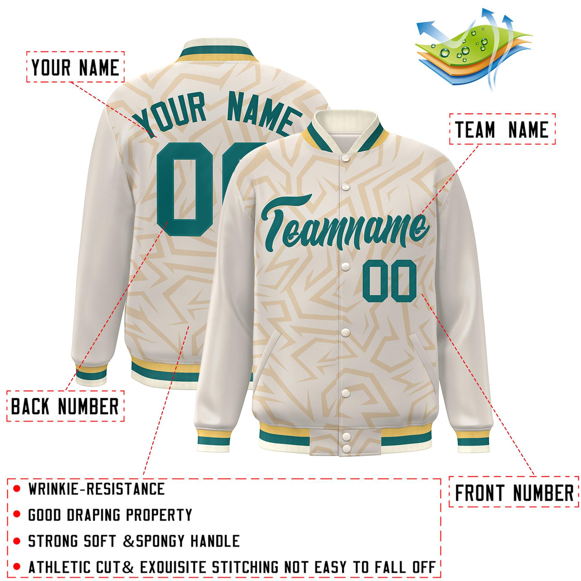 Custom Cream Aqua Stripe Graffiti Pattern Varsity Full-Snap Jacket