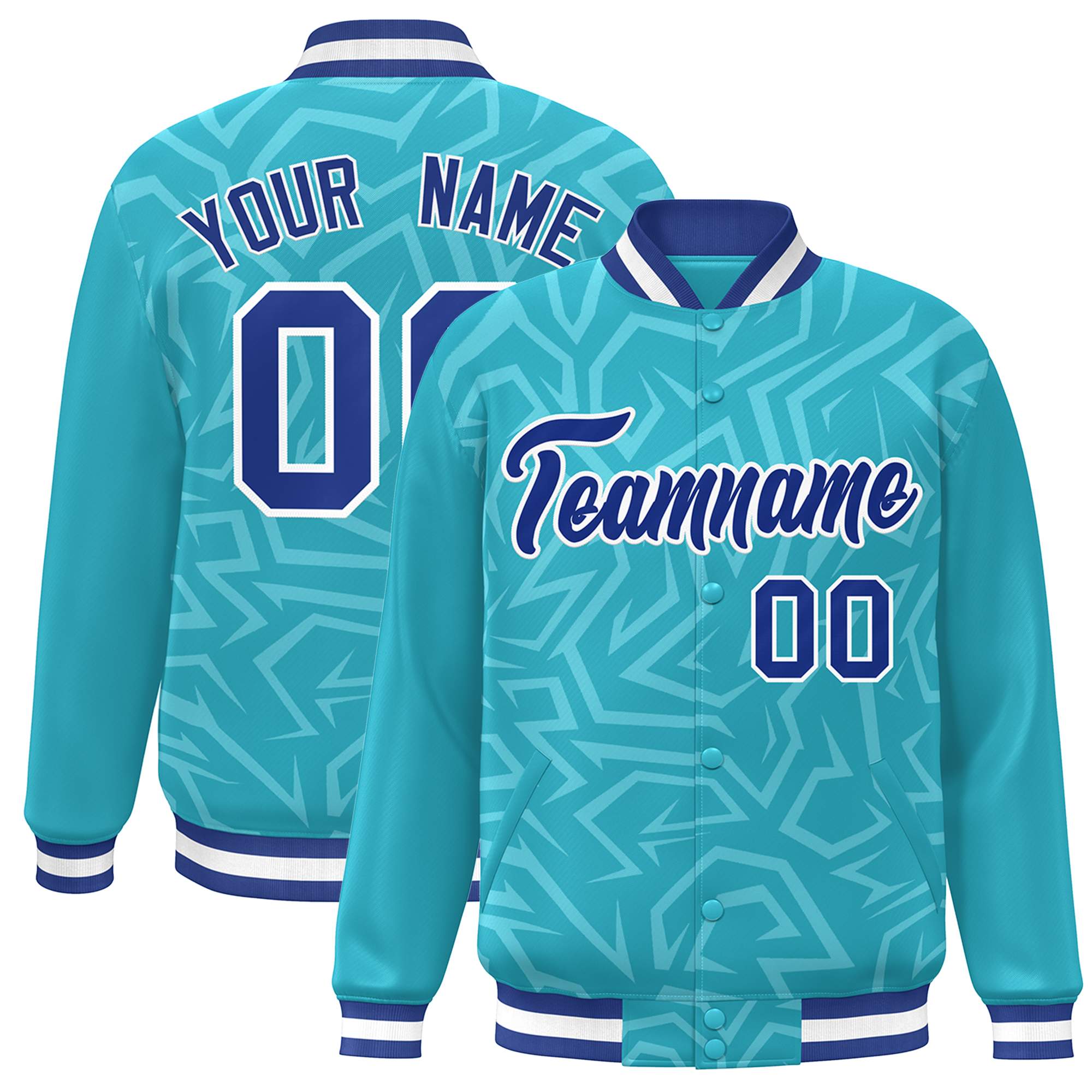 Custom Light Blue Royal-White Stripe Graffiti Pattern Varsity Full-Snap Jacket