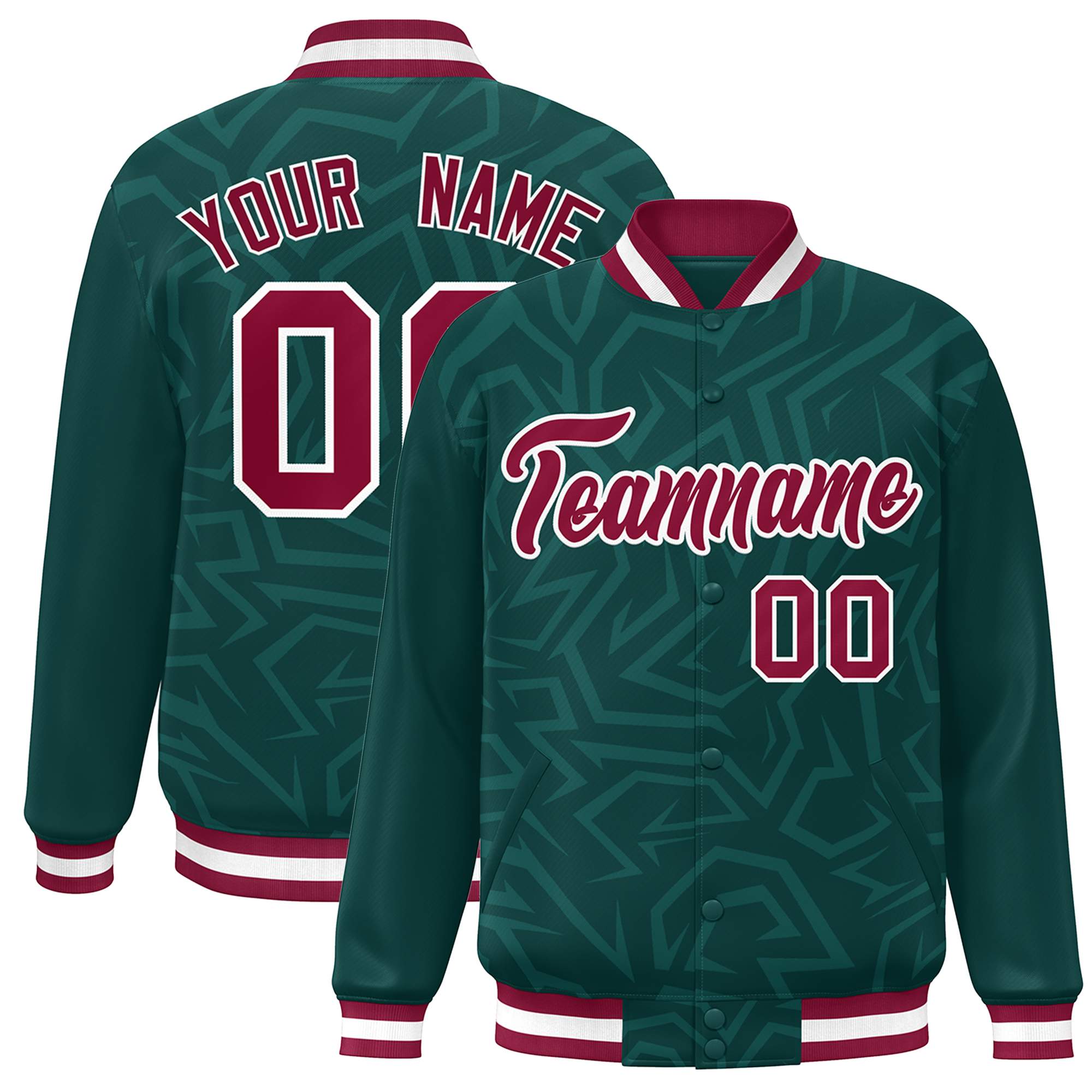 Custom Midnight Green Crimson-White Stripe Graffiti Pattern Varsity Full-Snap Jacket