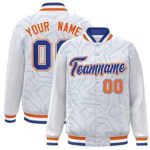 Custom White Royal-Orange Stripe Graffiti Pattern Varsity Full-Snap Jacket