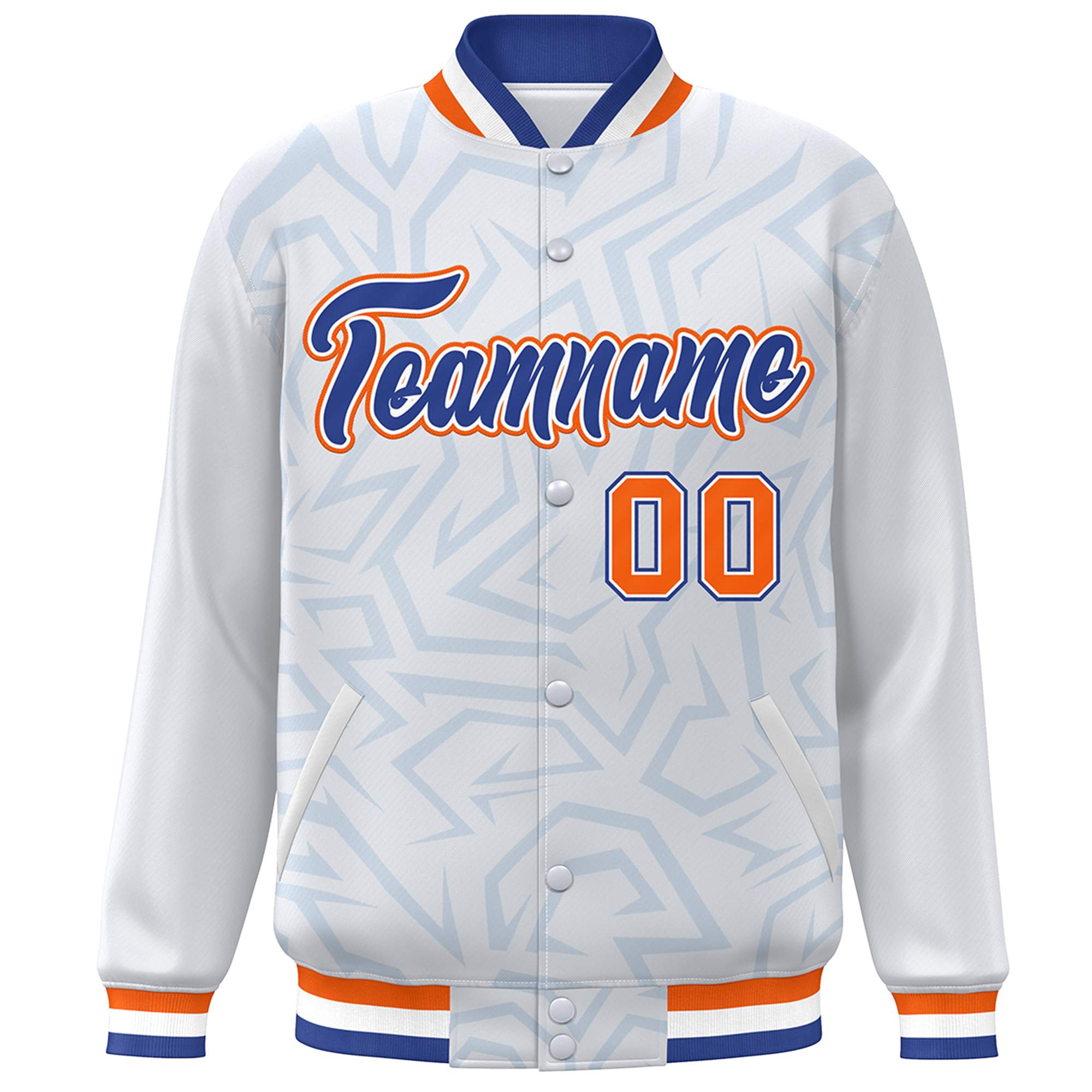 Custom White Royal-Orange Stripe Graffiti Pattern Varsity Full-Snap Jacket