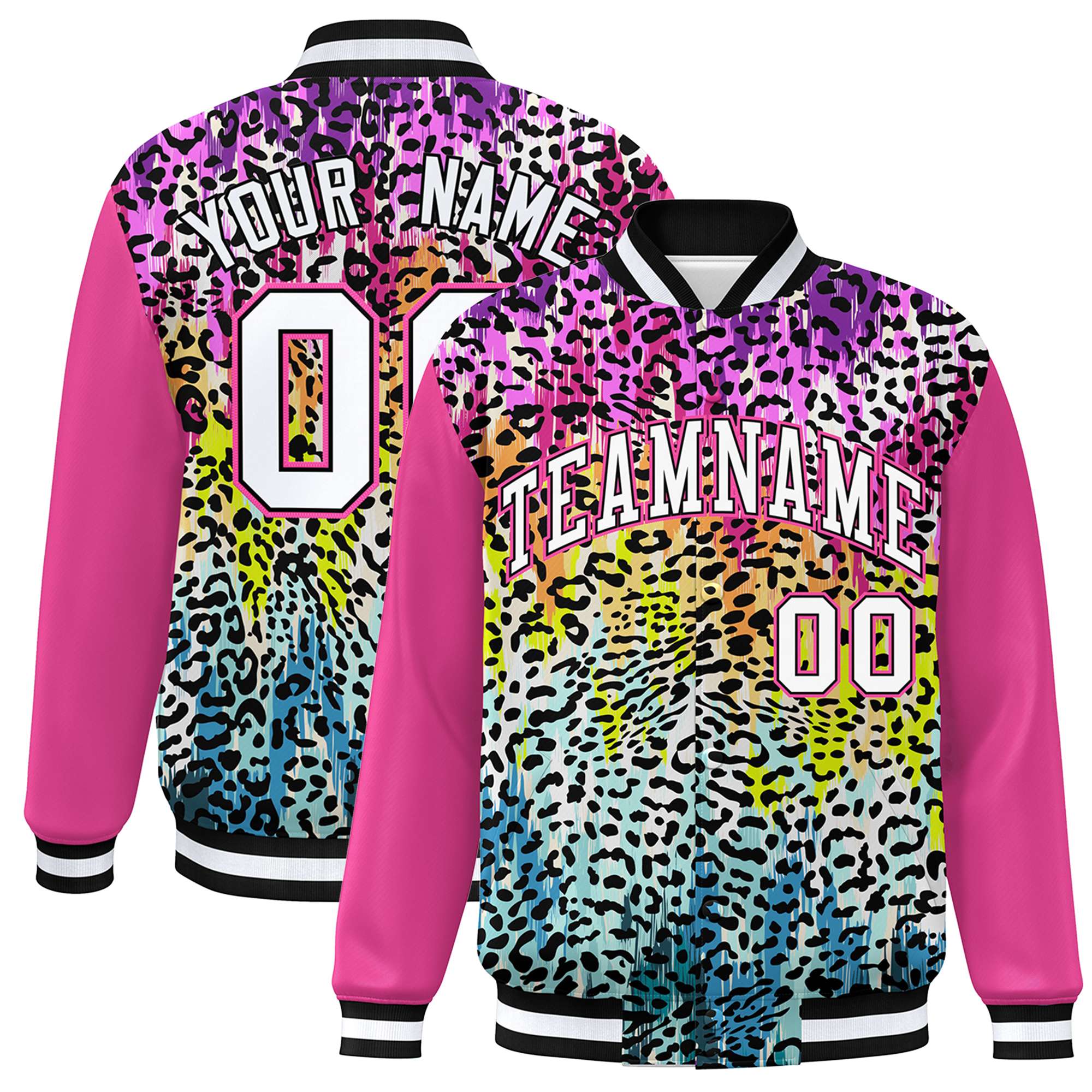 Custom Pink White Varsity Full-Zip Graffiti Pattern Letterman Bomber Jacket