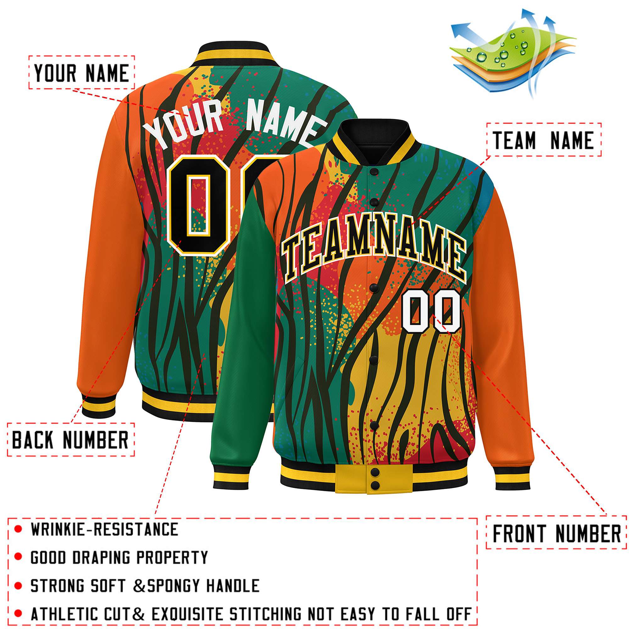 Custom Kelly Green Orange-Black Varsity Full-Zip Graffiti Pattern Letterman Bomber Jacket