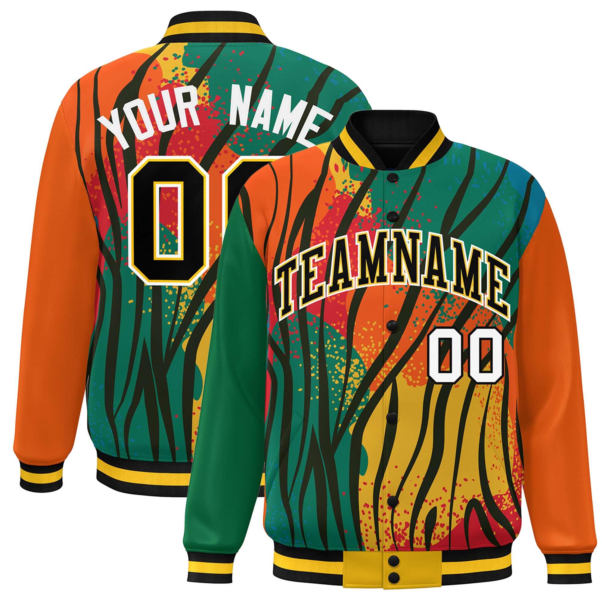 Custom Kelly Green Orange-Black Varsity Full-Zip Graffiti Pattern Letterman Bomber Jacket