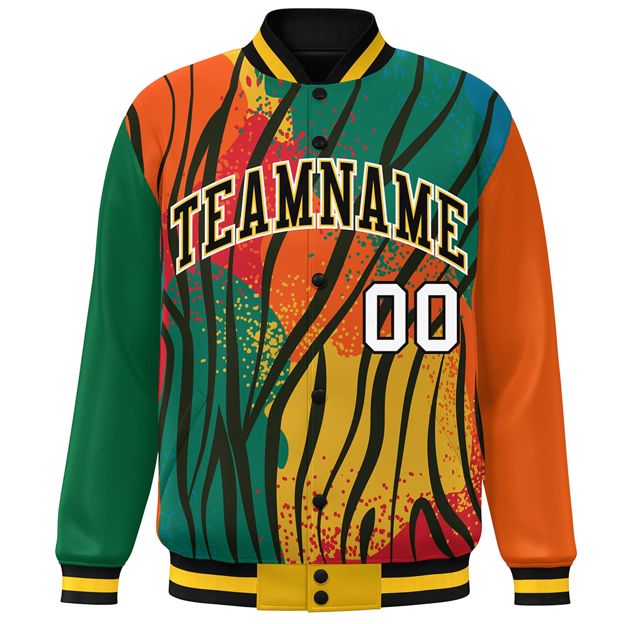 Custom Kelly Green Orange-Black Varsity Full-Zip Graffiti Pattern Letterman Bomber Jacket