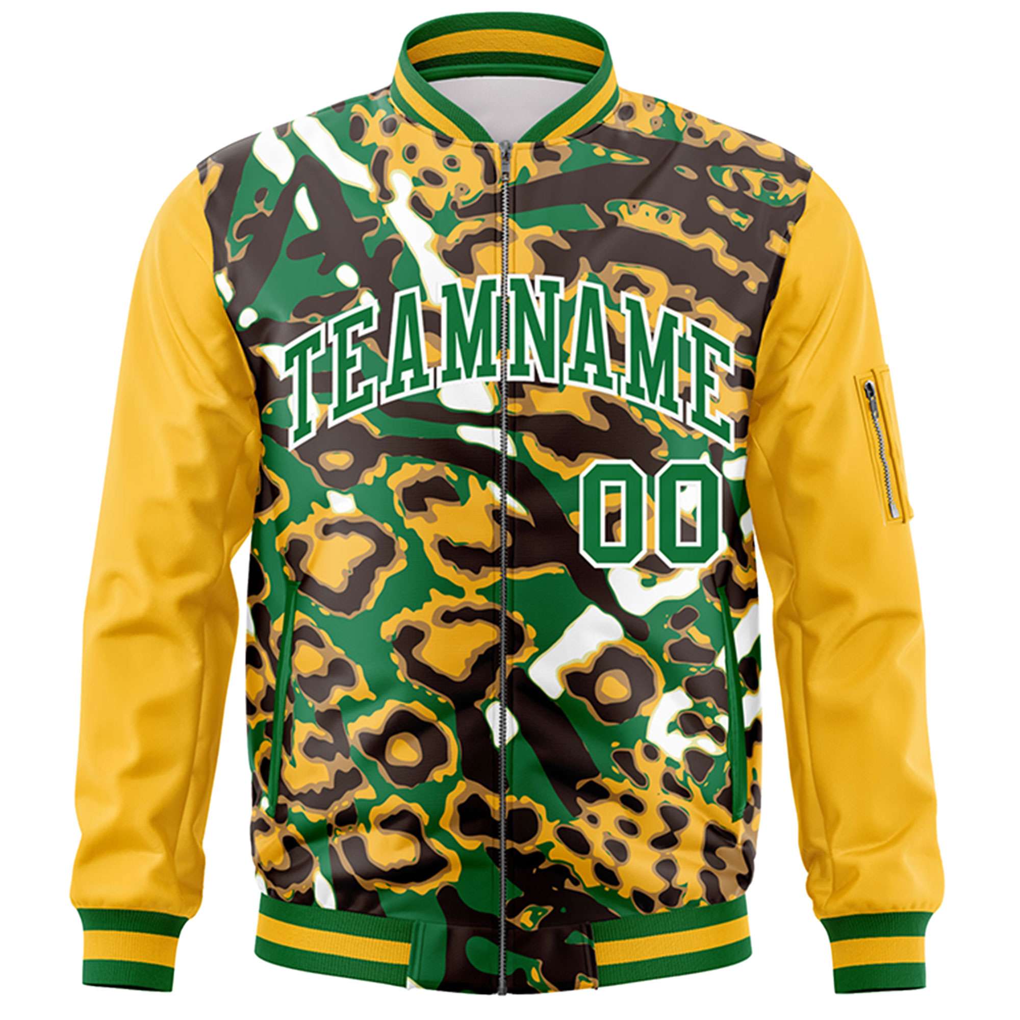 Custom Gold Kelly Green-White Varsity Full-Zip Graffiti Pattern Letterman Bomber Jacket