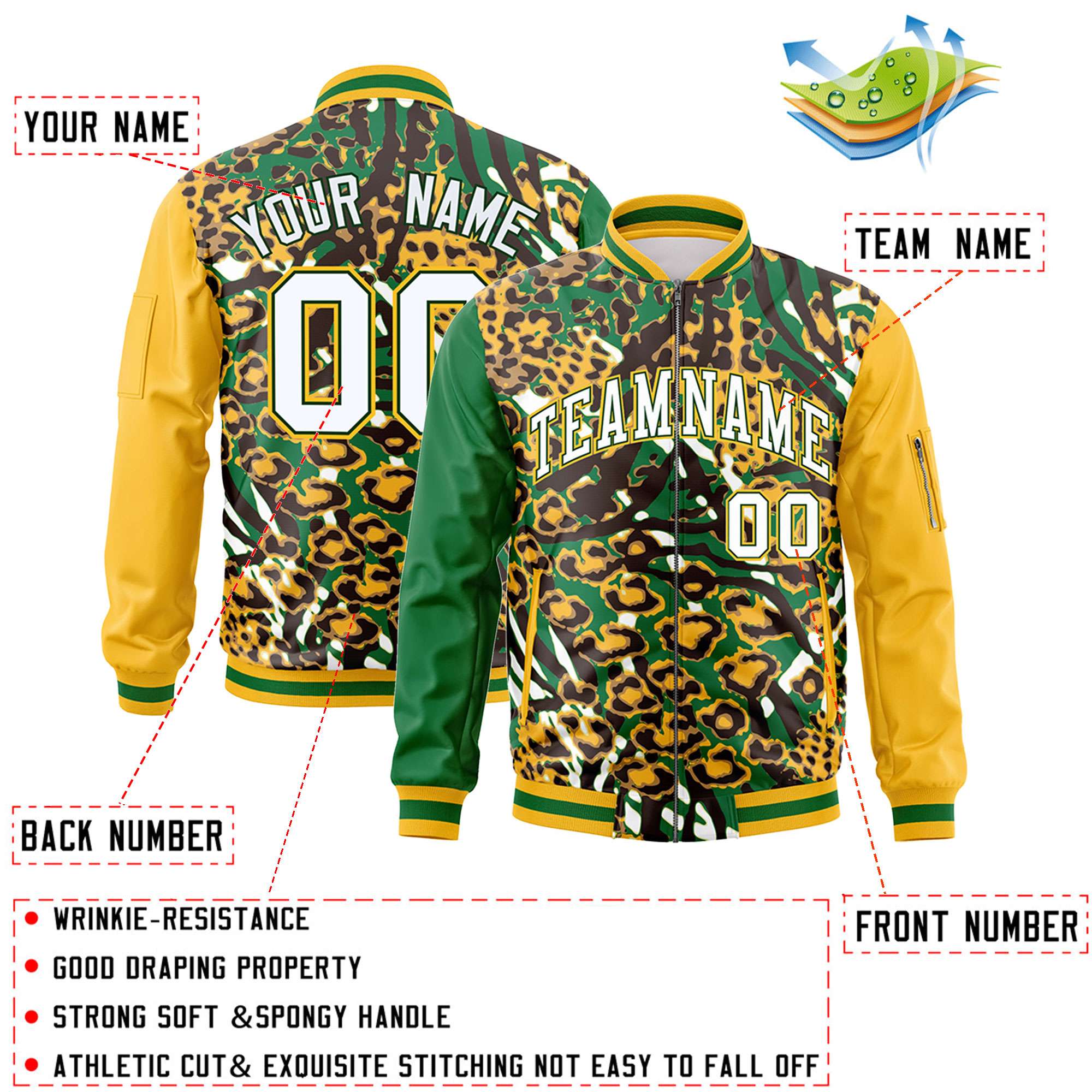 Custom Kelly Green Gold-White Varsity Full-Zip Graffiti Pattern Letterman Bomber Jacket