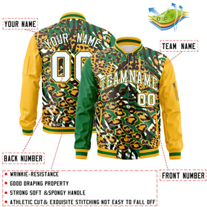 Custom Kelly Green Gold-White Varsity Full-Zip Graffiti Pattern Letterman Bomber Jacket