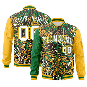 Custom Kelly Green Gold-White Varsity Full-Zip Graffiti Pattern Letterman Bomber Jacket