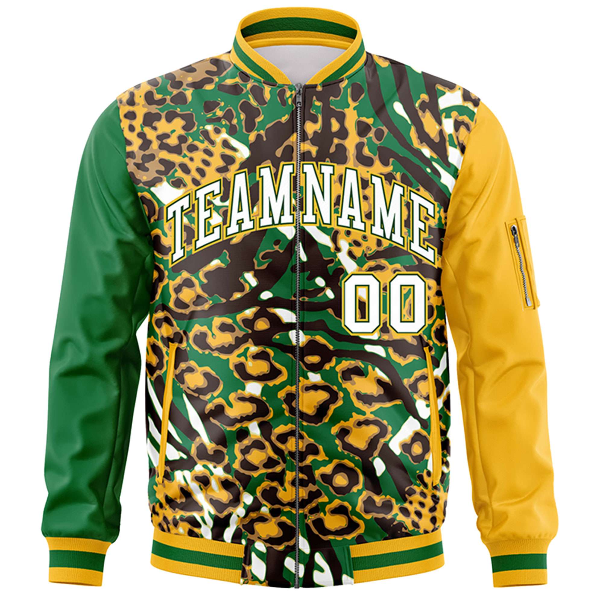 Custom Kelly Green Gold-White Varsity Full-Zip Graffiti Pattern Letterman Bomber Jacket