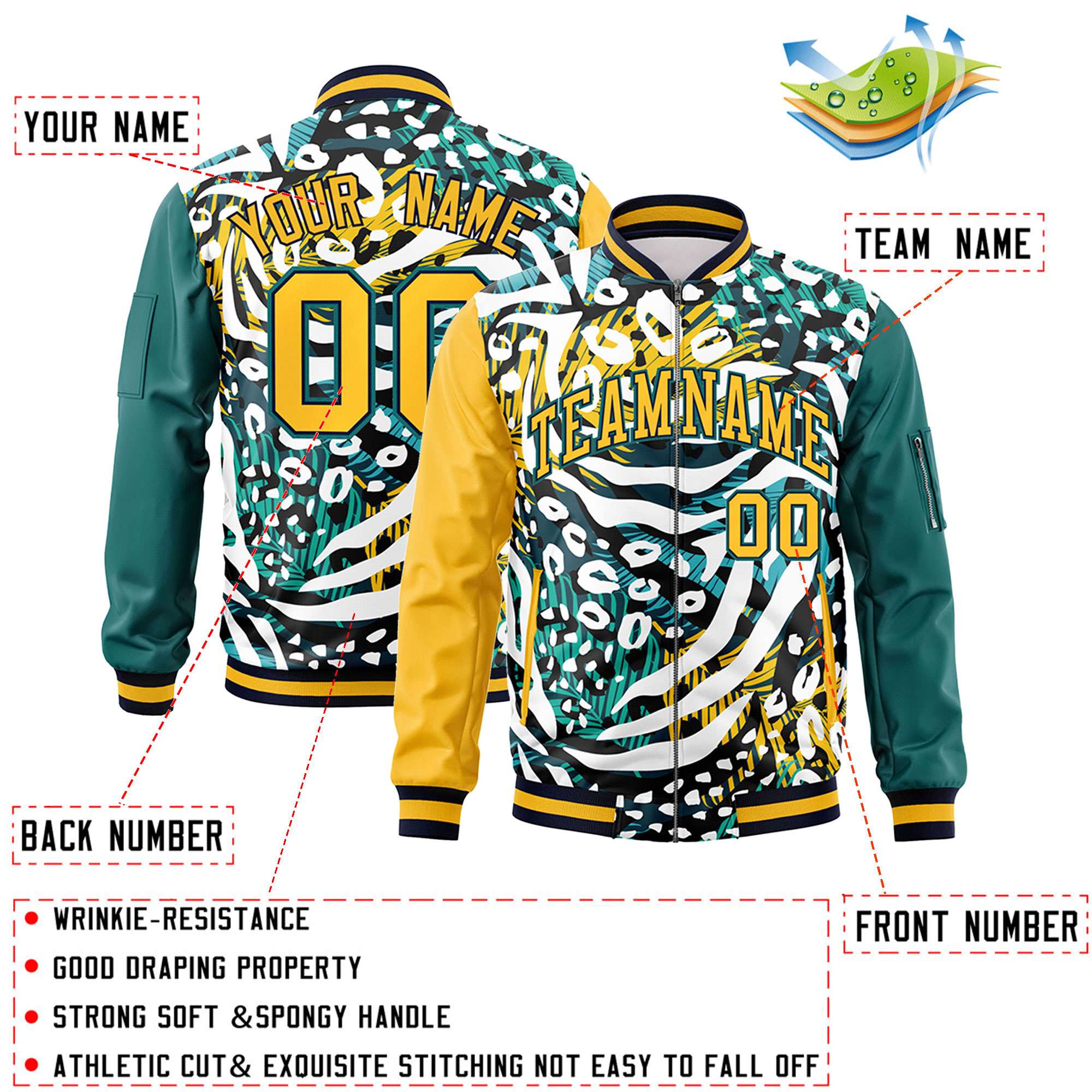 Custom Gold Aqua Varsity Full-Zip Graffiti Pattern Letterman Bomber Jacket