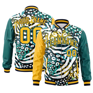 Custom Gold Aqua Varsity Full-Zip Graffiti Pattern Letterman Bomber Jacket