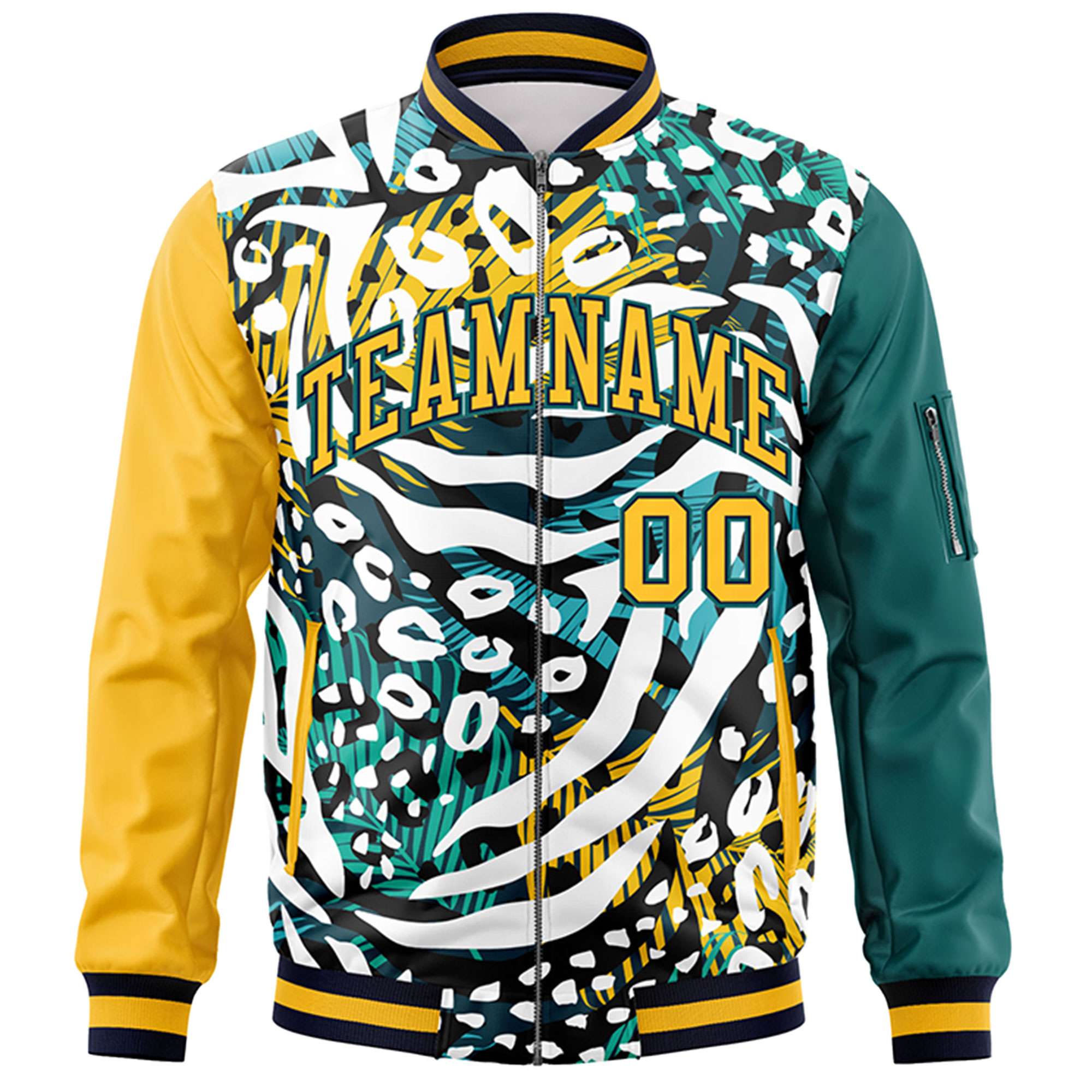 Custom Gold Aqua Varsity Full-Zip Graffiti Pattern Letterman Bomber Jacket