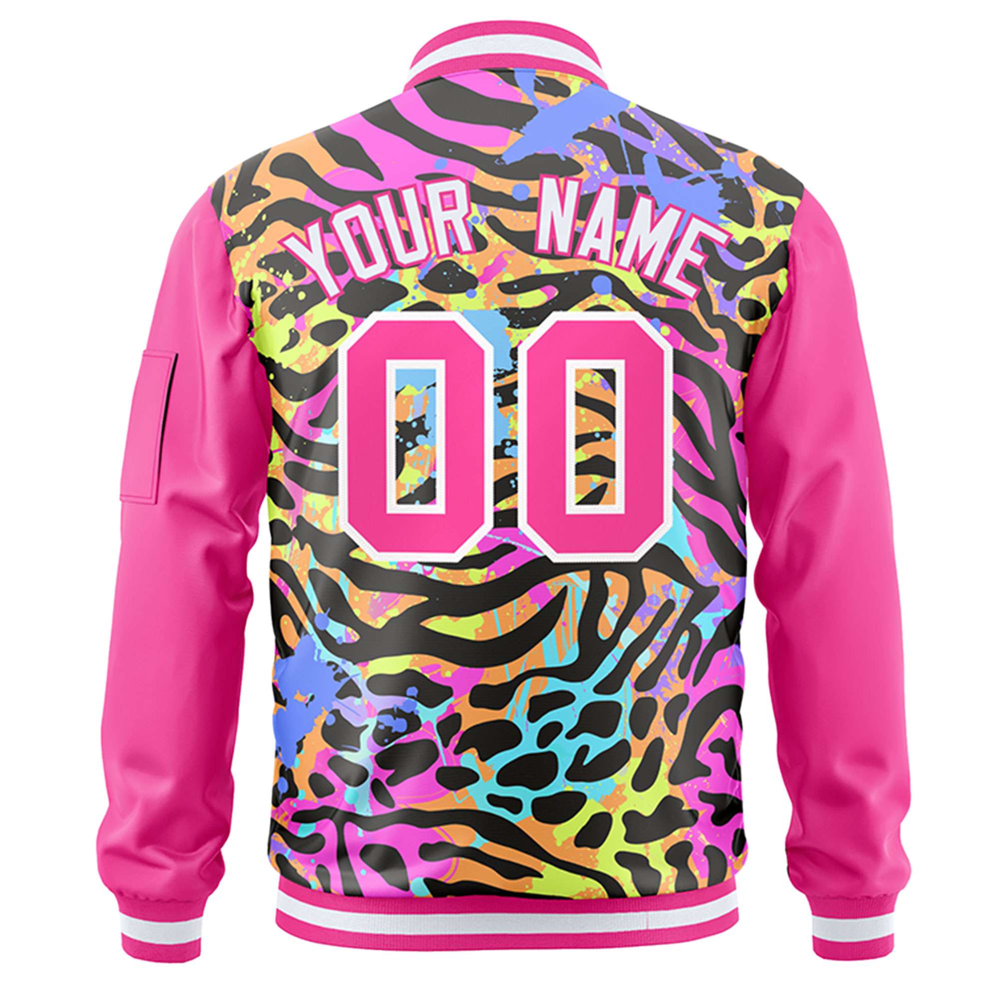 Custom Pink White Varsity Full-Zip Graffiti Pattern Letterman Bomber Jacket