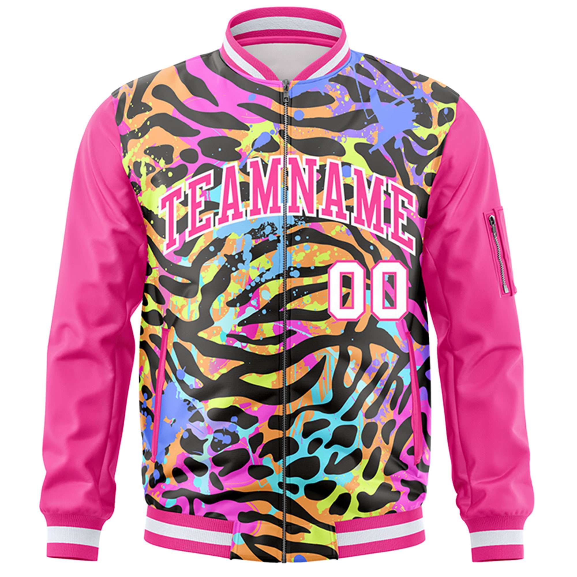 Custom Pink White Varsity Full-Zip Graffiti Pattern Letterman Bomber Jacket