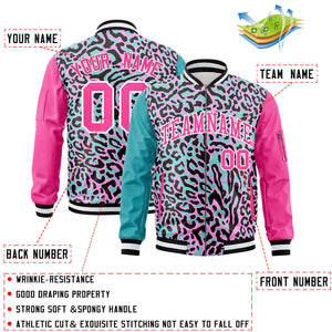 Custom Aqua Pink-White Varsity Full-Zip Graffiti Pattern Letterman Bomber Jacket