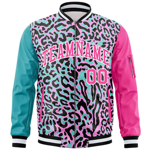 Custom Aqua Pink-White Varsity Full-Zip Graffiti Pattern Letterman Bomber Jacket