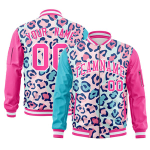 Custom Lt Blue Pink-White Varsity Full-Zip Graffiti Pattern Letterman Bomber Jacket