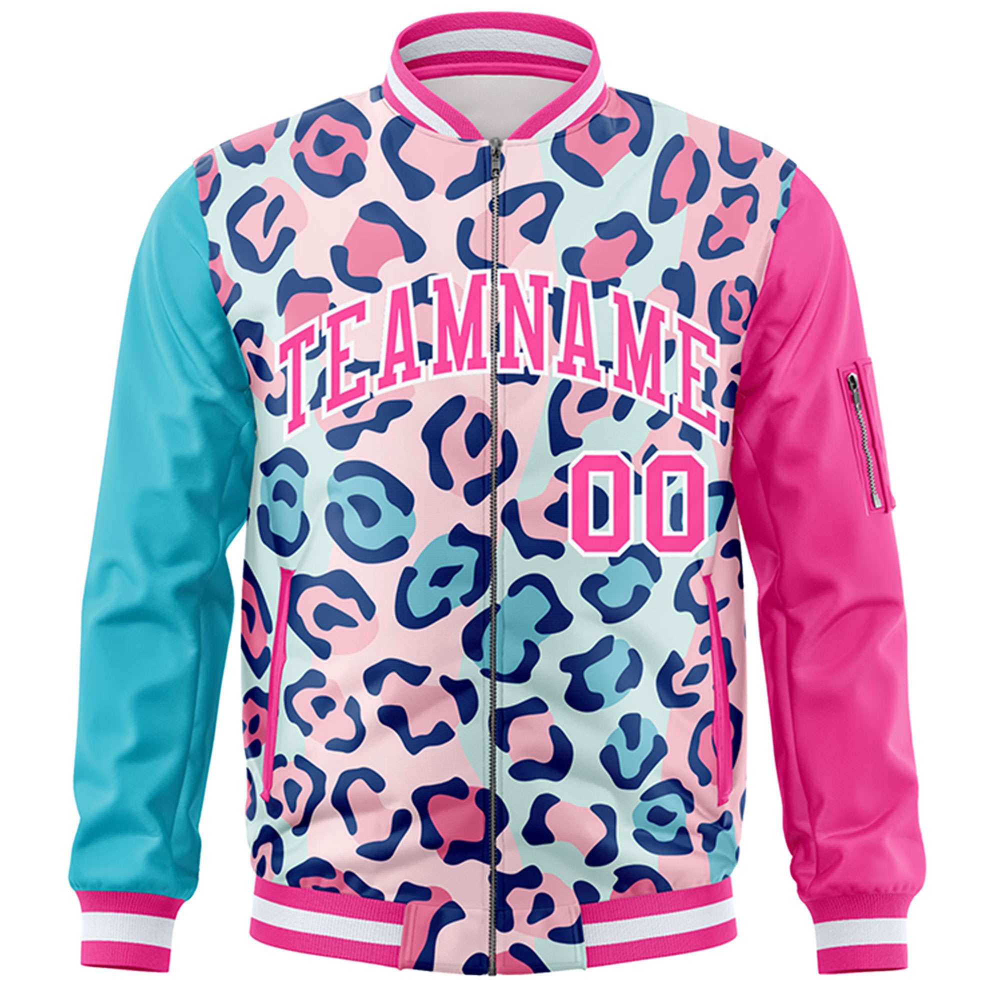 Custom Lt Blue Pink-White Varsity Full-Zip Graffiti Pattern Letterman Bomber Jacket