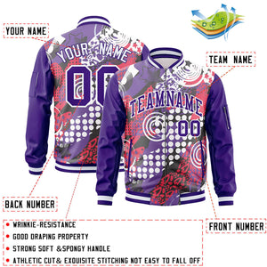 Custom Purple White Varsity Full-Zip Graffiti Pattern Letterman Bomber Jacket