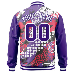 Custom Purple White Varsity Full-Zip Graffiti Pattern Letterman Bomber Jacket