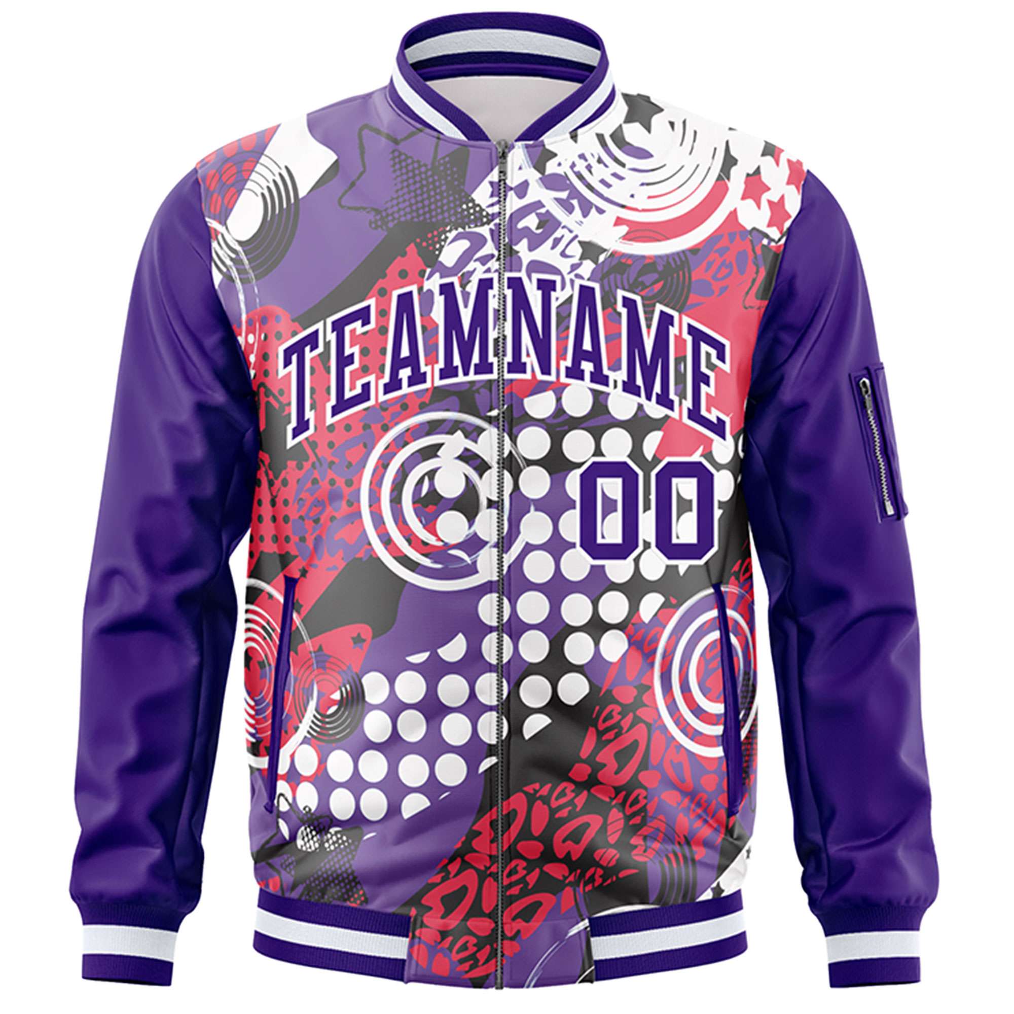 Custom Purple White Varsity Full-Zip Graffiti Pattern Letterman Bomber Jacket