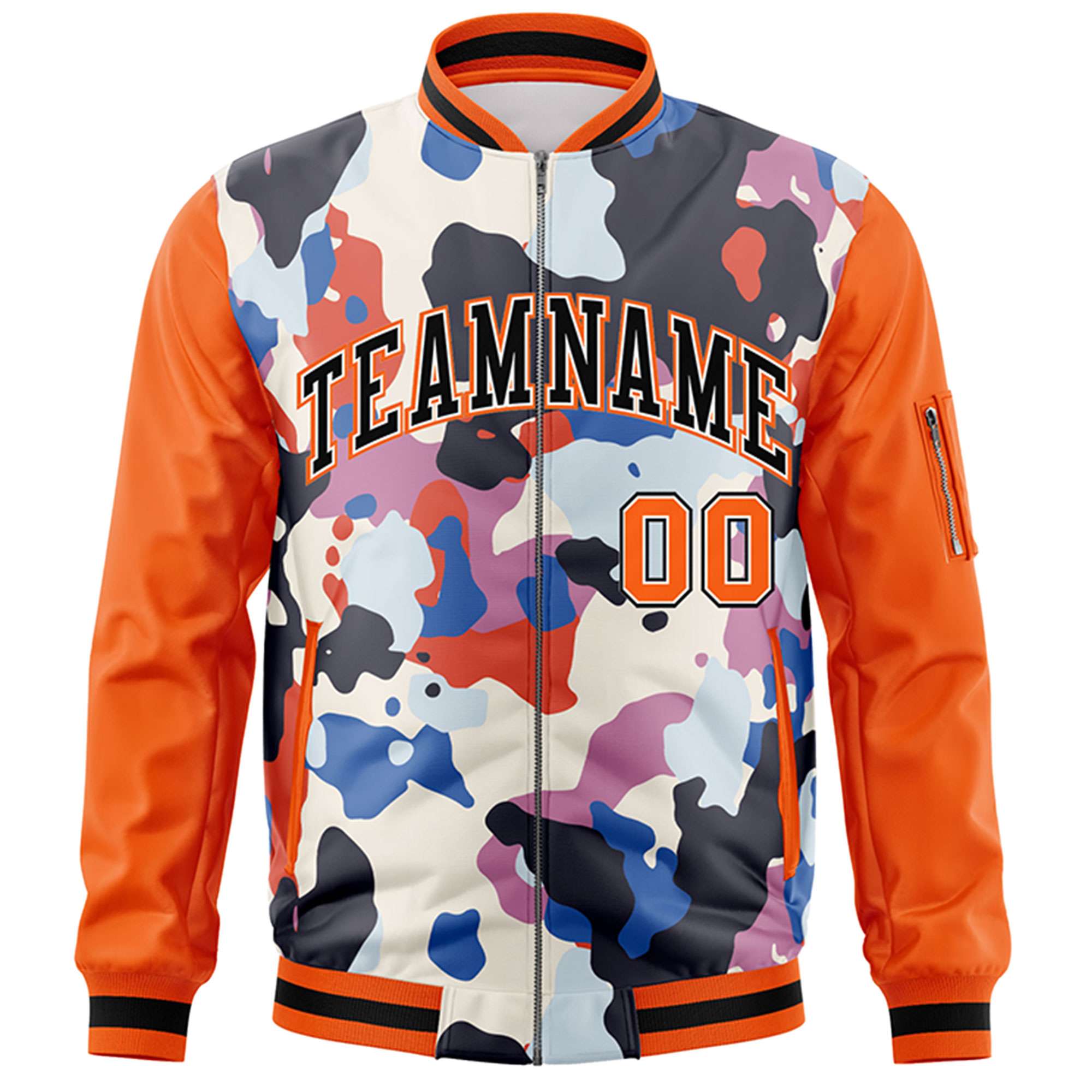 Custom Orange Black Varsity Full-Zip Graffiti Pattern Letterman Bomber Jacket