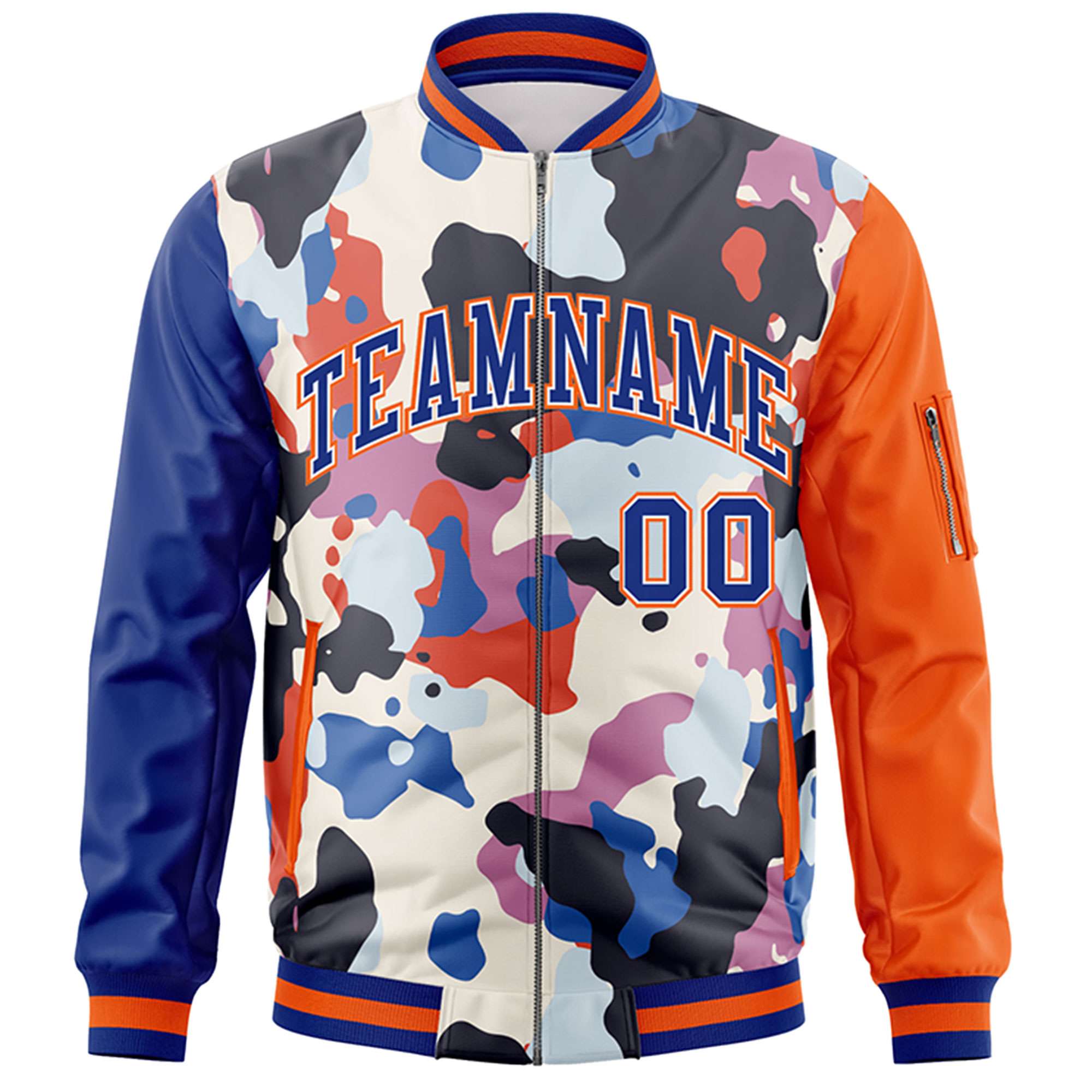 Custom Royal Orange Varsity Full-Zip Graffiti Pattern Letterman Bomber Jacket