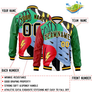 Custom Red Kelly Green-Black Varsity Full-Zip Graffiti Pattern Letterman Bomber Jacket