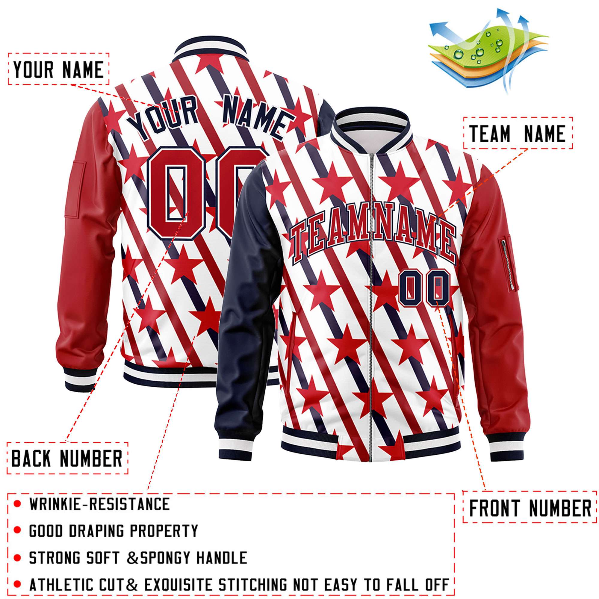 Custom Navy Red-White Varsity Full-Zip Graffiti Pattern Letterman Bomber Jacket