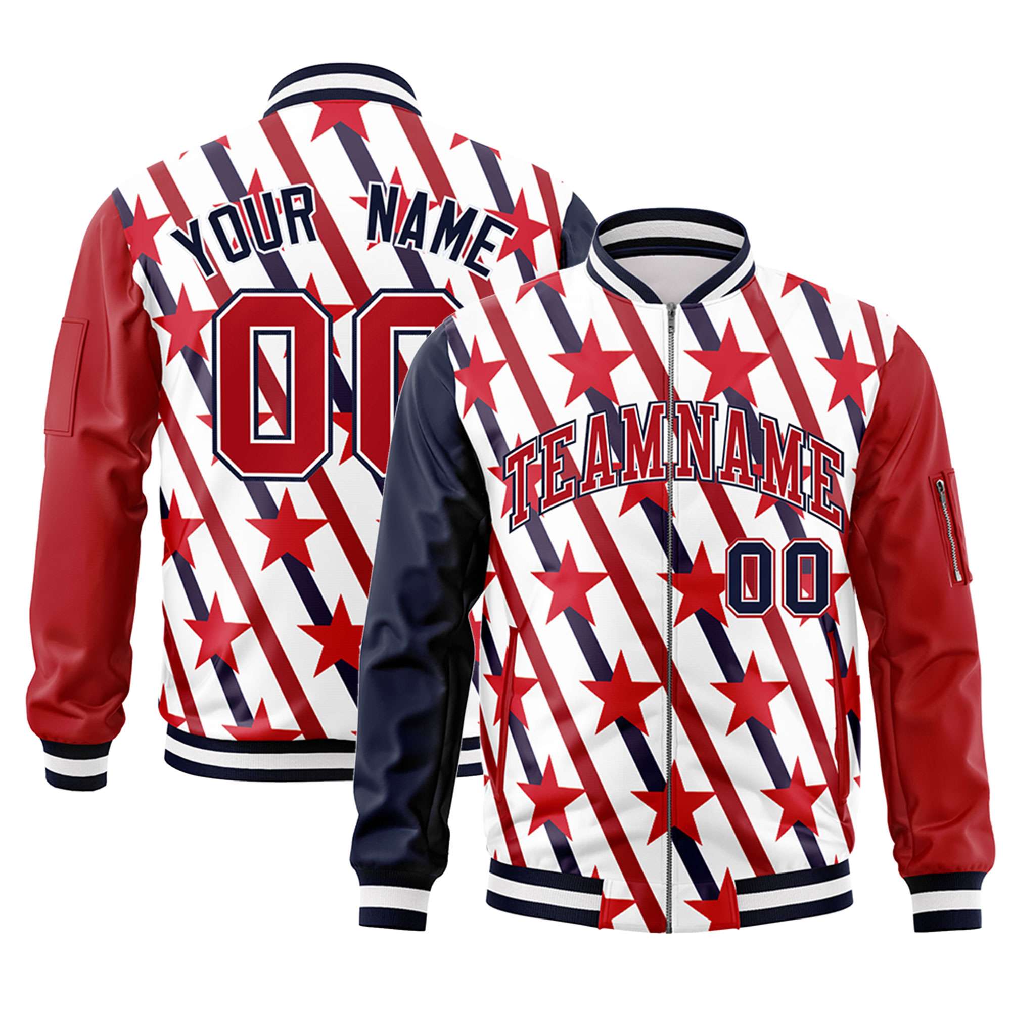 Custom Navy Red-White Varsity Full-Zip Graffiti Pattern Letterman Bomber Jacket