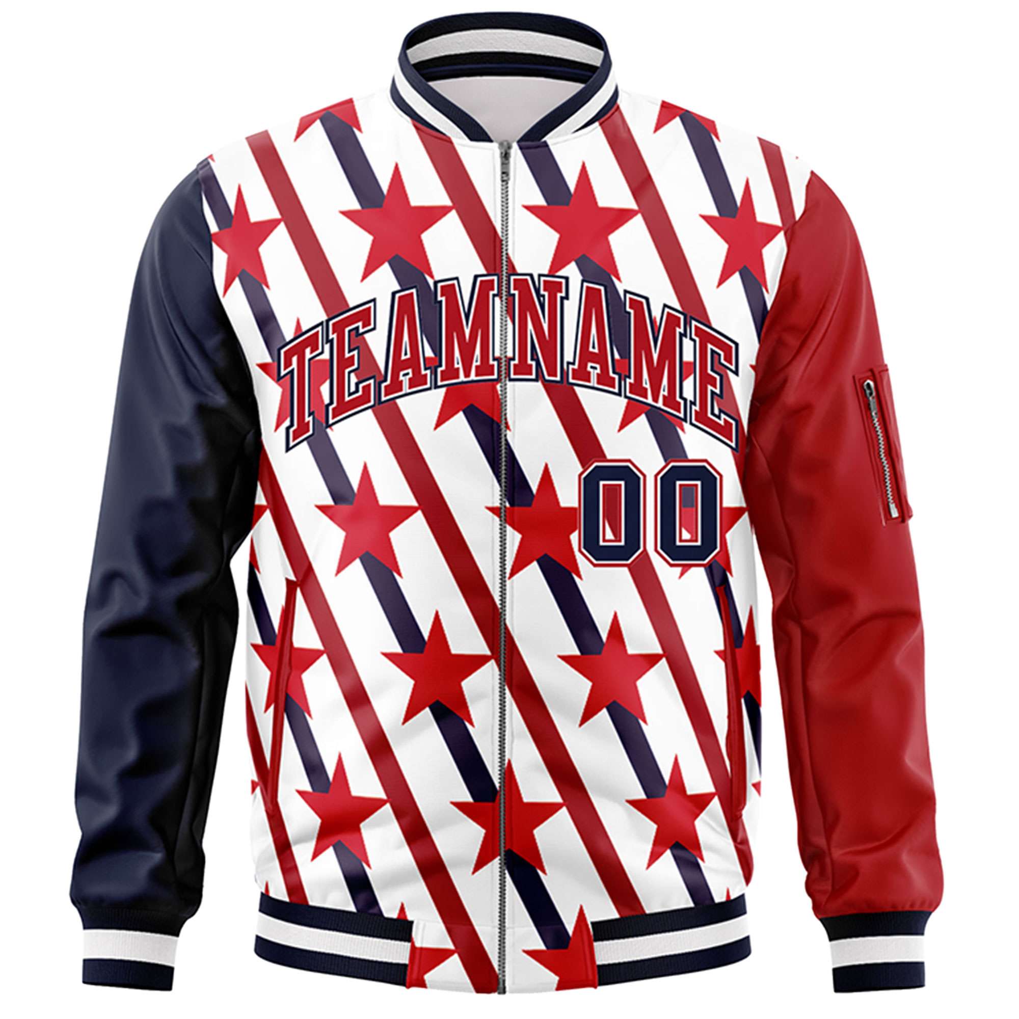 Custom Navy Red-White Varsity Full-Zip Graffiti Pattern Letterman Bomber Jacket