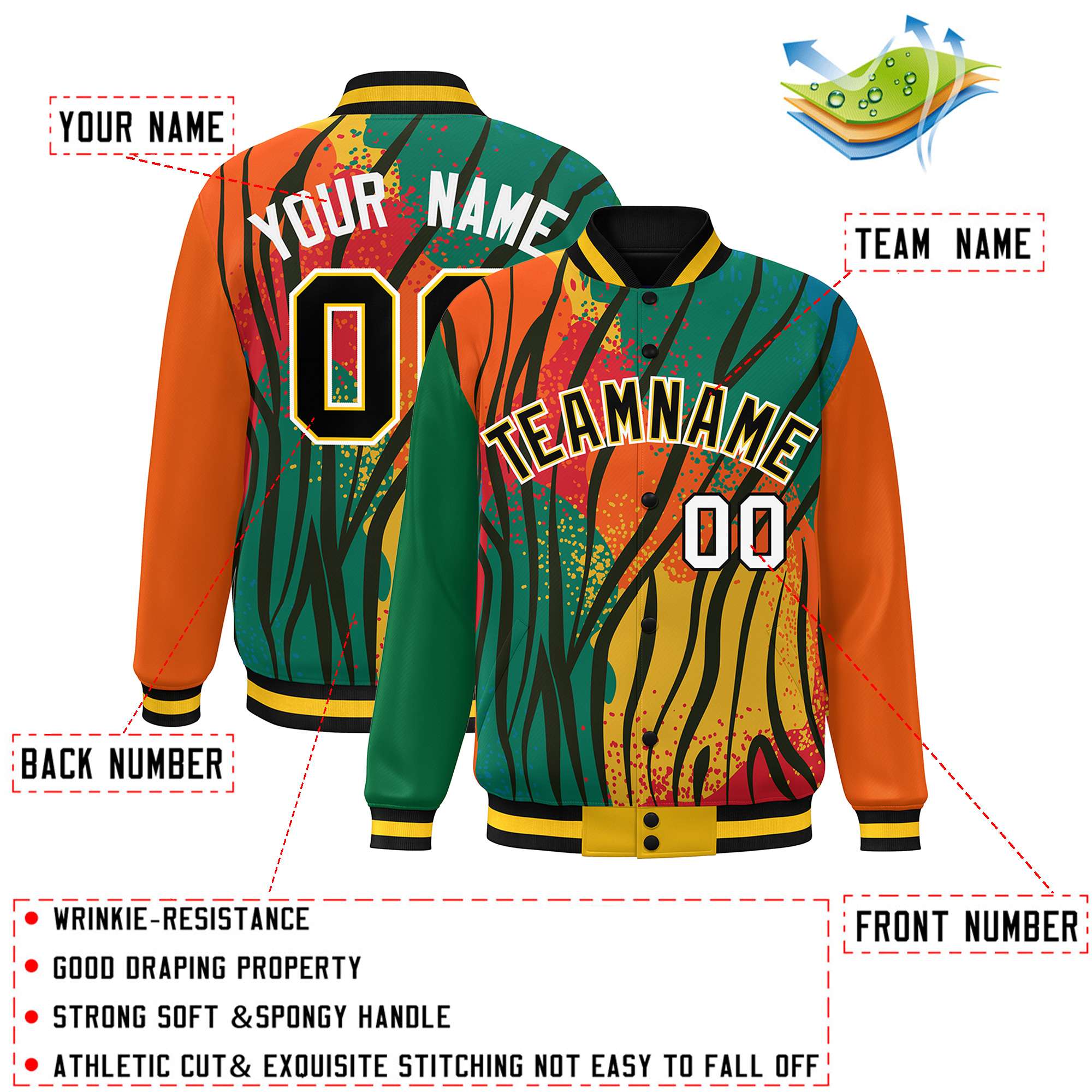 Custom Kelly Green Orange-Black Varsity Full-Zip Graffiti Pattern Letterman Bomber Jacket