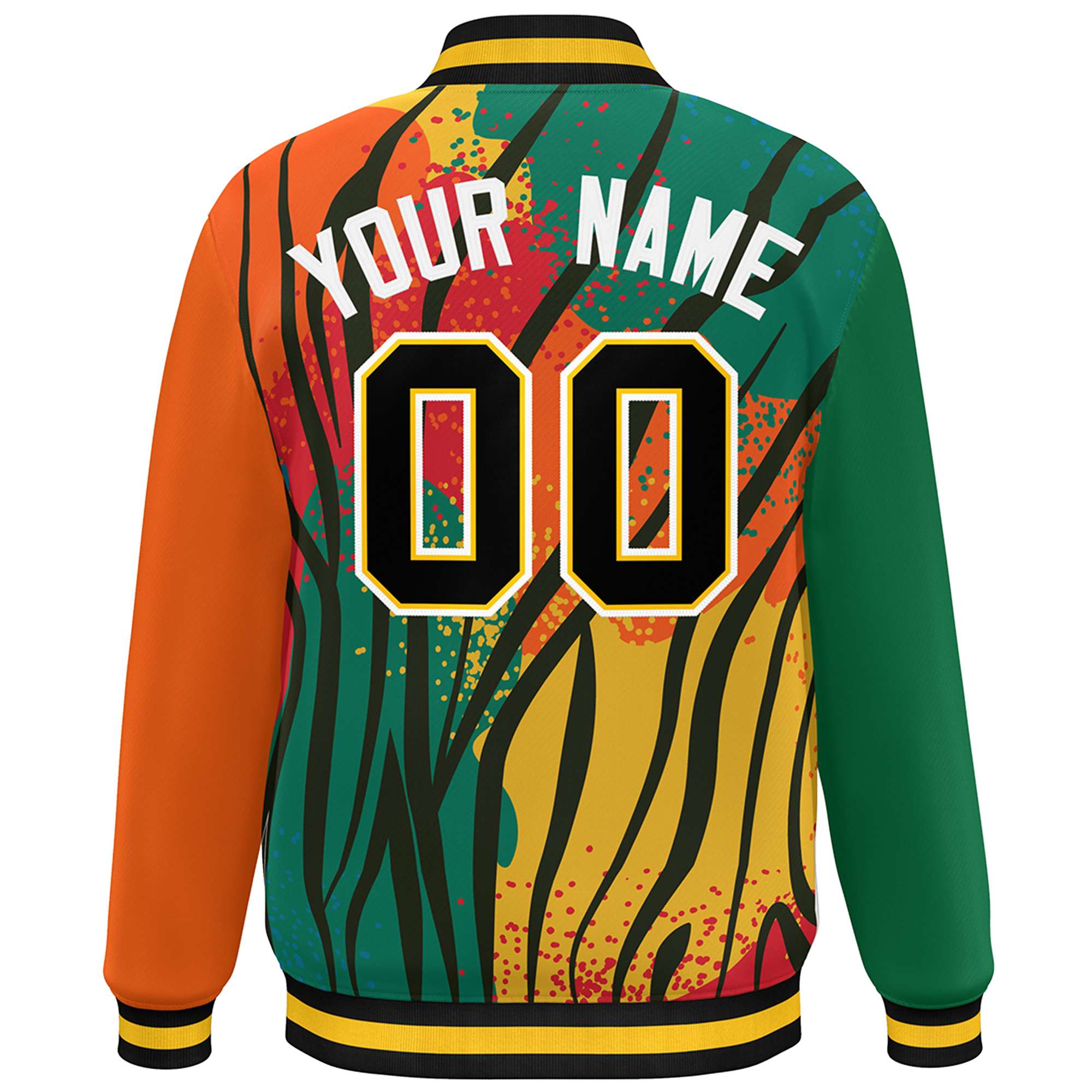 Custom Kelly Green Orange-Black Varsity Full-Zip Graffiti Pattern Letterman Bomber Jacket