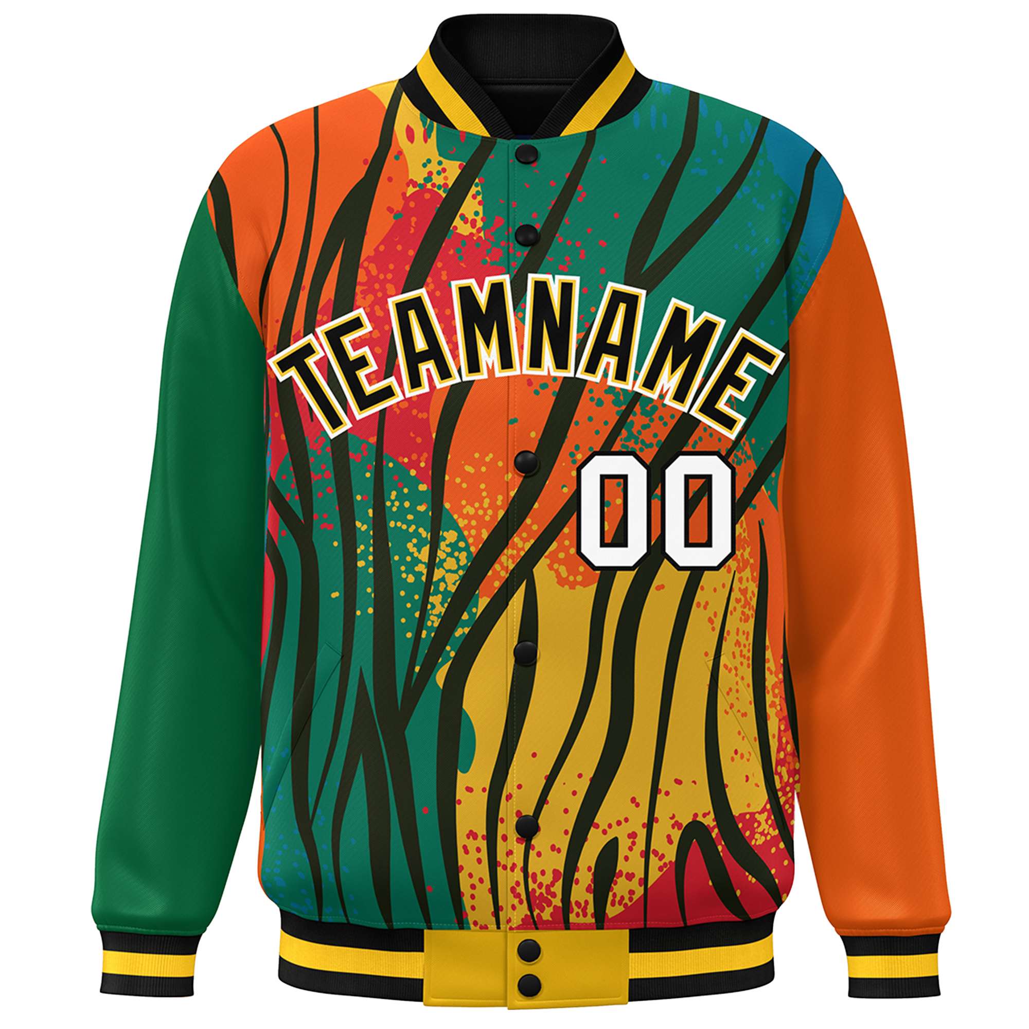 Custom Kelly Green Orange-Black Varsity Full-Zip Graffiti Pattern Letterman Bomber Jacket