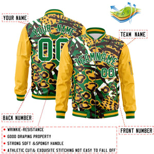 Custom Gold Kelly Green-White Varsity Full-Zip Graffiti Pattern Letterman Bomber Jacket